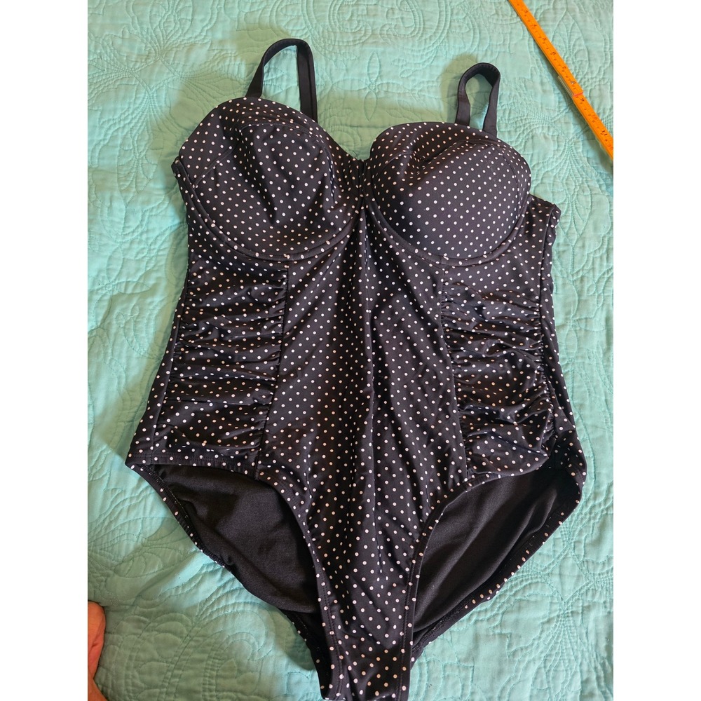 Pure Energy Womens 18W Black Polka Dot One Piece Swimsuit Underwire Ruched Retro
